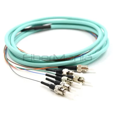 ST/UPC 6 Cores Bundle Fan Out Fiber Optic Pigtail, OM3 50/125um, Aqua Jacket, 3M