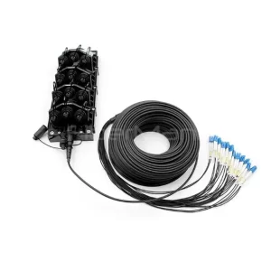 FTTA 12-Port MST Box with 24-core OptiTap/MPO to LC patch cords (100 ft), IP67-rated for outdoor fiber distribution.
