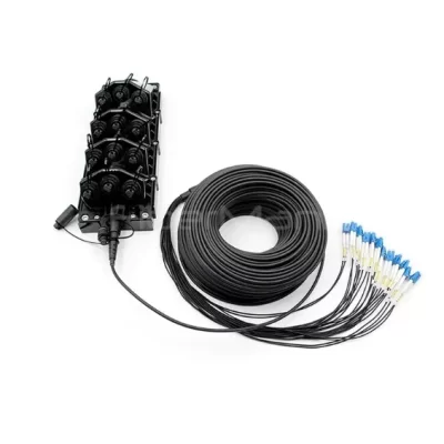 FTTA 12-Port MST Box with 24-core OptiTap/MPO to LC patch cords (100 ft), IP67-rated for outdoor fiber distribution.