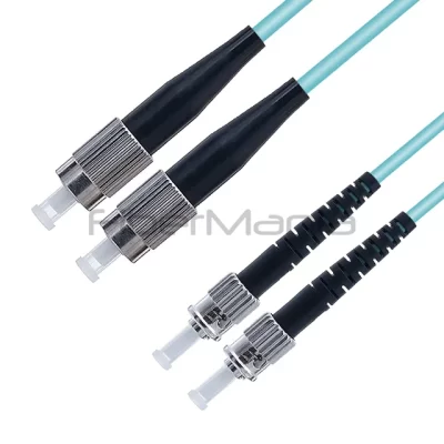 FC/UPC-ST/UPC Fiber Optic Patch Cable Duplex 10G OM3 50/125 Multimode OFNR Aqua 3FT