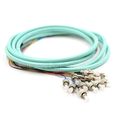 FC/UPC 12 Cores Bundle Fan out Fiber Optic Pigtail, OM3 50/125um, Aqua Jacket, 3M