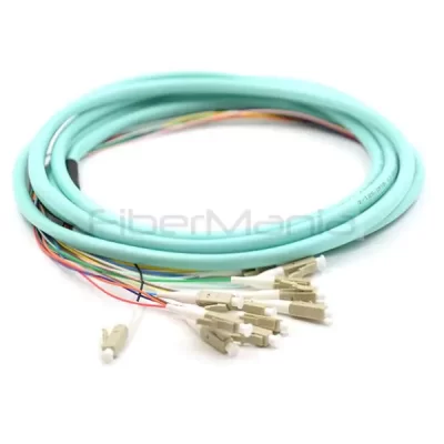 LC/UPC 12 Cores Bundle Fan Out Fiber Optic Pigtail, OM3 50/125um, Aqua Jacket, 3M