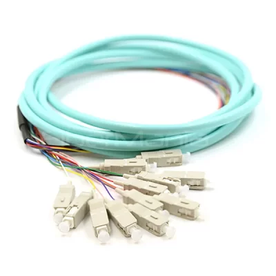 SC/UPC 12 Cores Bundle Fan Out Fiber Optic Pigtail, OM3 50/125um, Aqua Jacket, 3M