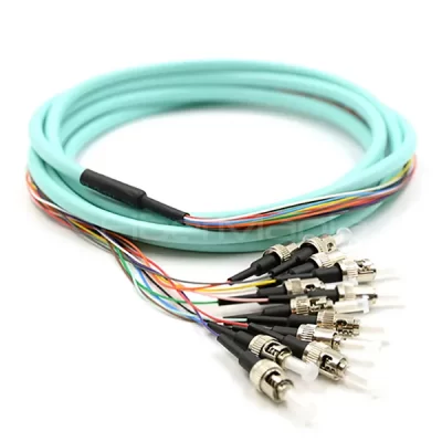 ST/UPC 12 Cores Bundle Fan Out Fiber Optic Pigtail, OM3 50/125um, Aqua Jacket, 3M