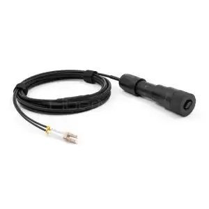 FiberMania industrial-grade IP67 FullAXS to LC Uniboot duplex OM2 fiber optic patch cord for FTTA RRU-BBU base station connectivity.