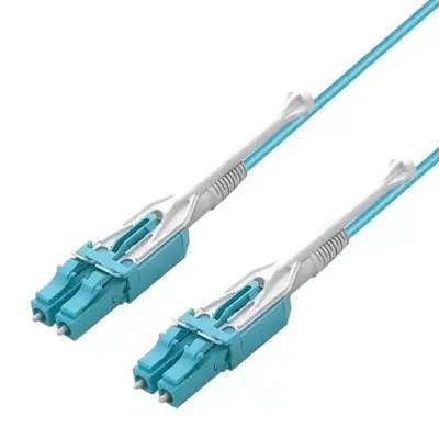 LC UPC to LC UPC Uniboot Duplex OM3 Multimode Fiber Patch Cable with Pull Tab and Aqua OFNR Jacket