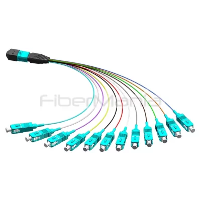 MTP Male to SC Harness Fanout Cable 12 Fibers OM3 50/125 10G Hytrel Jacket 0.3M