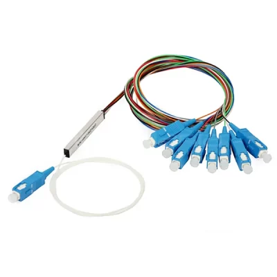 PLC Splitter 1×8, Steel Tube, 900μm, SC/UPC Connectors, 1m Fiber Pigtails