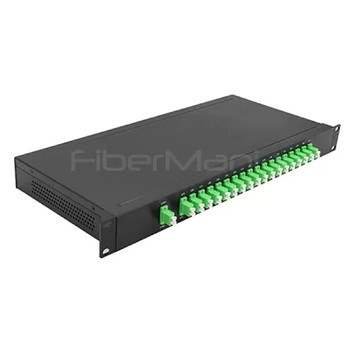 1U 19'' Rack Mount Optical PLC Splitter with 1x18 LC/APC Connectors and Adapters Loaded