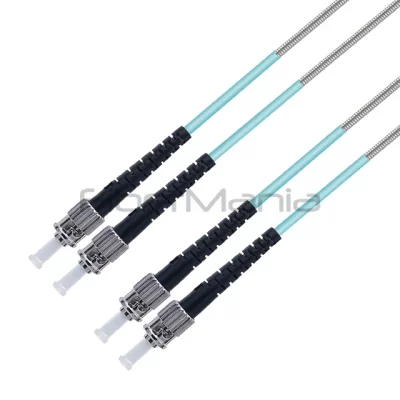 ST/UPC-ST/UPC Duplex Armored Patch Cable 10G OM3 50/125 Multimode OFNR 3.0mm Aqua 3FT