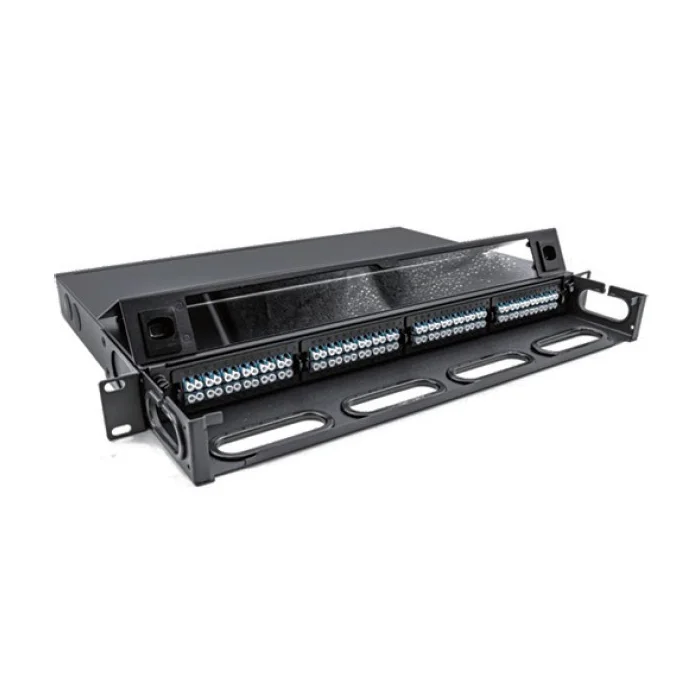 Sealed 1U MPO patch panel 96 fiber 4 cassette foldable dust cover 430x342mm