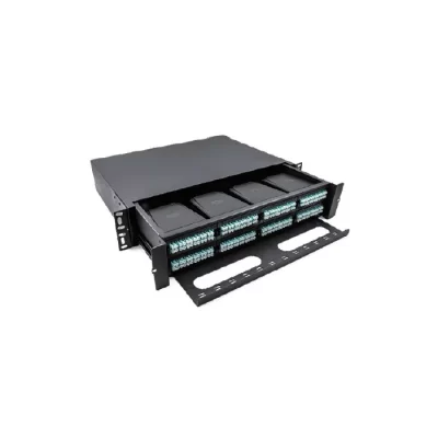 Sliding 2U MPO patch panel 192 fiber 8 cassette pull-out rack mount 430x363mm