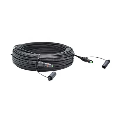 Outdoor hardened SC/APC flat dielectric drop cable 4.5×8.1mm, IP68 FTTH assembly, plug-and-play last-mile fiber solution.
