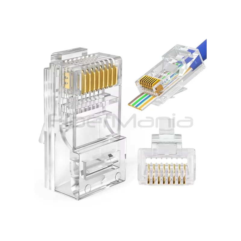 Pass Through RJ45 8P8C Modular Plug for CAT5e CAT6 CAT6A Ethernet Cable with Straight and Staggered Wire Holes
