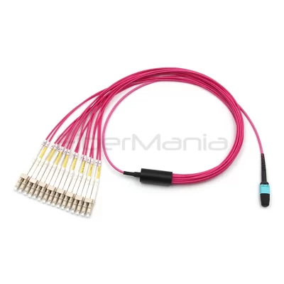 16-fiber OM4 MTP female to 16 LC duplex fanout cable with Corning ClearCurve fiber and US Conec MTP connector for data centers.