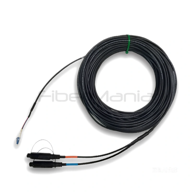 2-core OptiTap SC/APC to LC/UPC duplex single-mode fiber optic cable, G.657.A1, 5.4 mm, 30 m